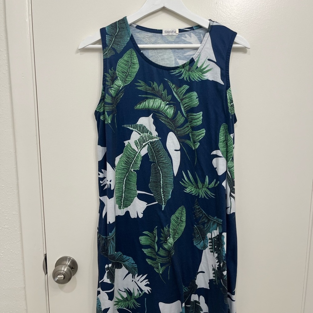 SimpleFun Leaf Print Midi Dress in Blue and Green